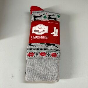 Holiday Time Christmas Socks 2-Pair Reindeer Buffalo Check Shoe Size 6-12 NWT